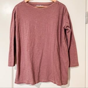 EDDIE BAUER mauve and navy stripe top wide neck and 3/4 sleeve